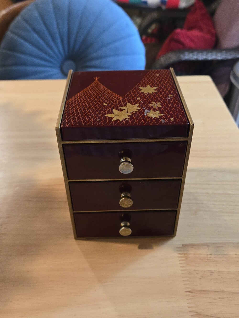 Vintage 1970s Burgundy Otagiri Japan Small 3 Drawer Jewelry Box